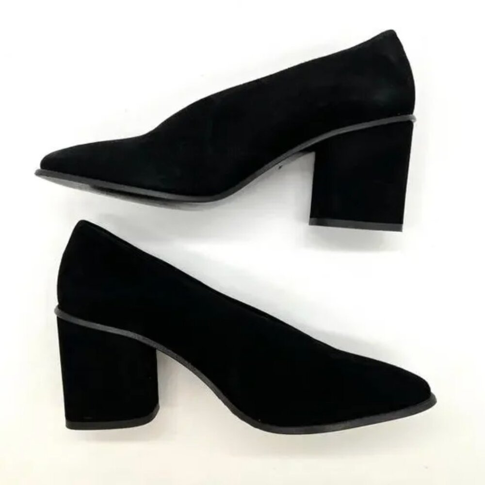 COS 7 Black Suede Leather Block Heel Almond Toe Shoes